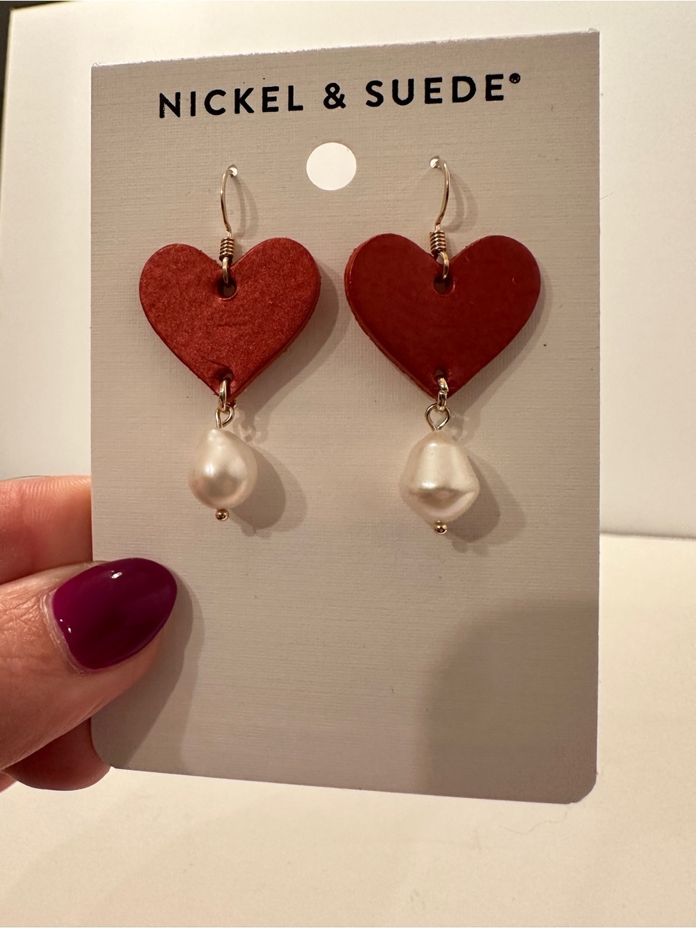 Nickel & Suede Crimson Shimmer Eden Red Heart Drop Earrings with Pearl Dangle